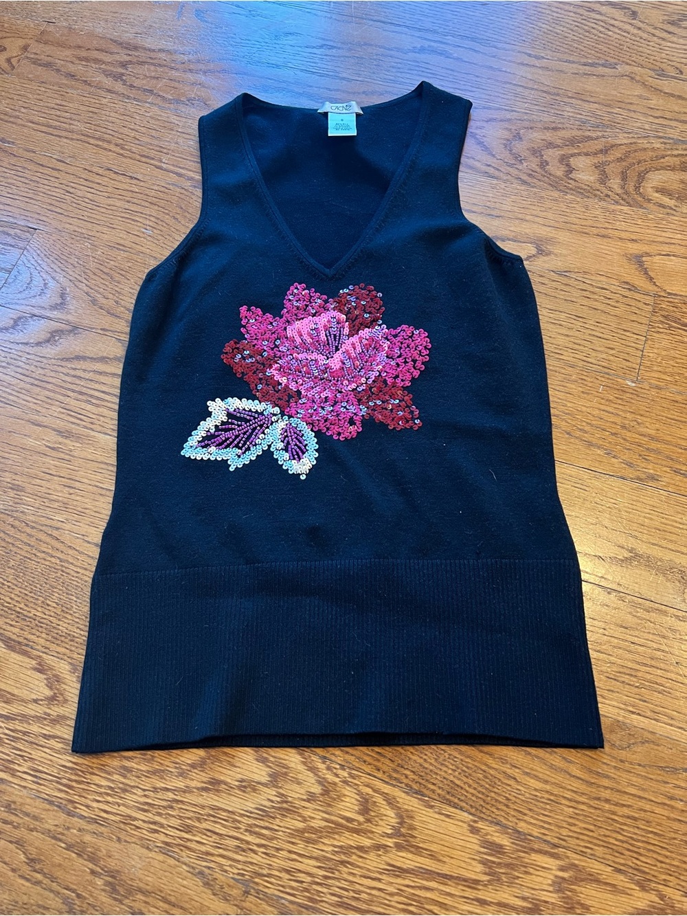Cache Silk Blend Black Tank Top with Pink Sequin Floral Applique